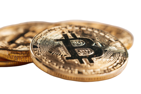 Close-up of gold-colored Bitcoin coins