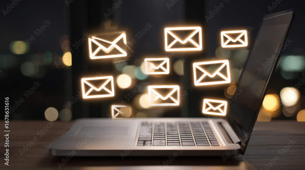 Poster email notifications appear on laptop screen, symbolizing communication and connectivity in digital w