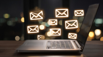 Email notifications appear on laptop screen, symbolizing communication and connectivity in digital world. glowing icons create sense of urgency and engagement