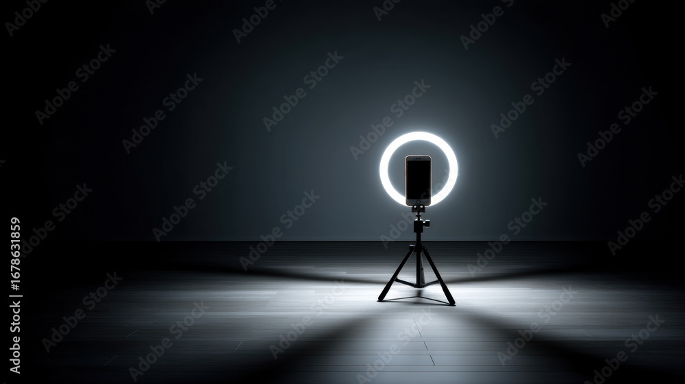 Poster modern microphone on stand illuminated by circular light in dark room, creating dramatic and artisti