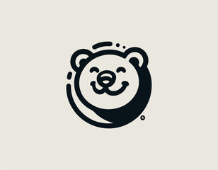 Cheerful bear illustration designed as black line art vintage retro logo style emblem