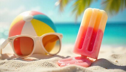 A vibrant summer scene featuring a refreshing popsicle melting in the sun next to a beach ball and sunglasses, embodying carefree summer joy , july, holiday
