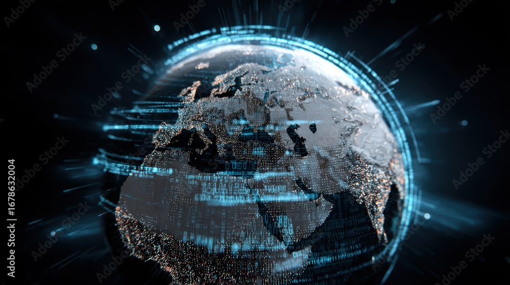 Poster digital representation of earth showcases globe surrounded by glowing binary code, symbolizing techn