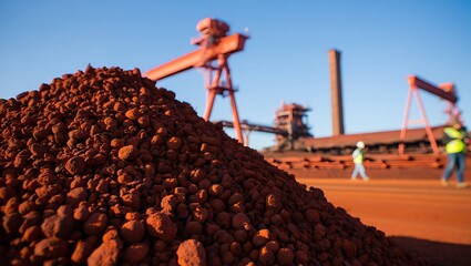 Detailed shot of a heap of unrefined ore, background showing metal processing facility, gantry cranes, and personnel