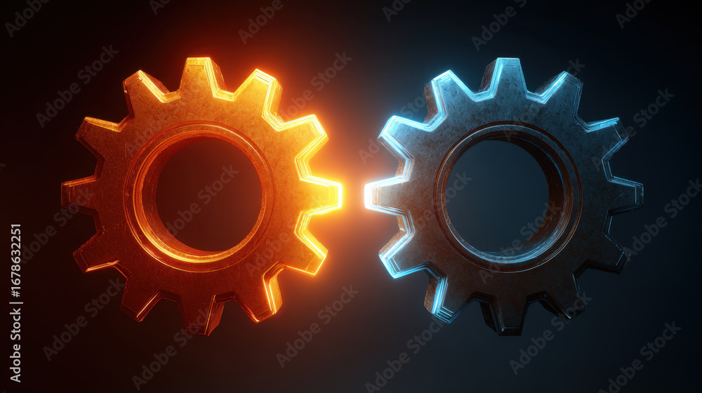 Poster gears contrasting colors, one orange and one blue, symbolize collaboration and balance mechanics. me