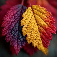 Obraz premium Close up of two autumn leaves with gradient colors from purple to yellow fall leaf