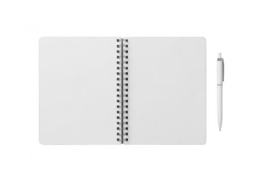 Open white notebook and pen isolated on transparent background
