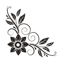 Elegant black floral corner flourish with swirling vines and detailed leaves perfect for decorative borders and vintage design elements