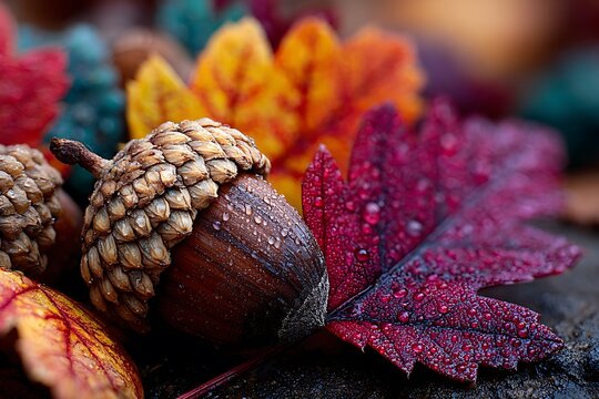 Close up of wet acorn and autumn leaves with water droplets fall