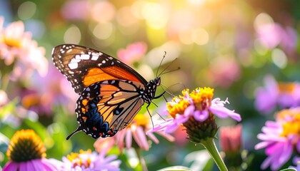 Fototapeta premium Butterfly on flower in a sunlit garden
