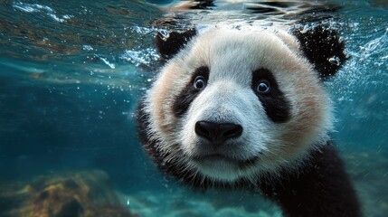 Fototapeta premium Panda cub underwater, curious face