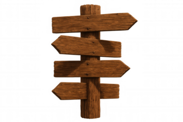 Aged wooden directional arrows mounted on rustic post, pointing divergent ways against clean background, symbolizing navigation and choice