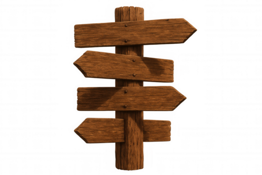 Aged wooden directional arrows mounted on rustic post, pointing divergent ways against clean background, symbolizing navigation and choice