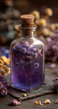 Purple-hued elixir in glass bottle, dried flowers