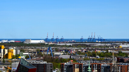 Aerial view over the Gdansk city and The Gdansk Shipyard. View from Saint Mary's Church Tower...
