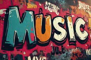 Graffiti art of "MUSIC" on a wall covered in other tags