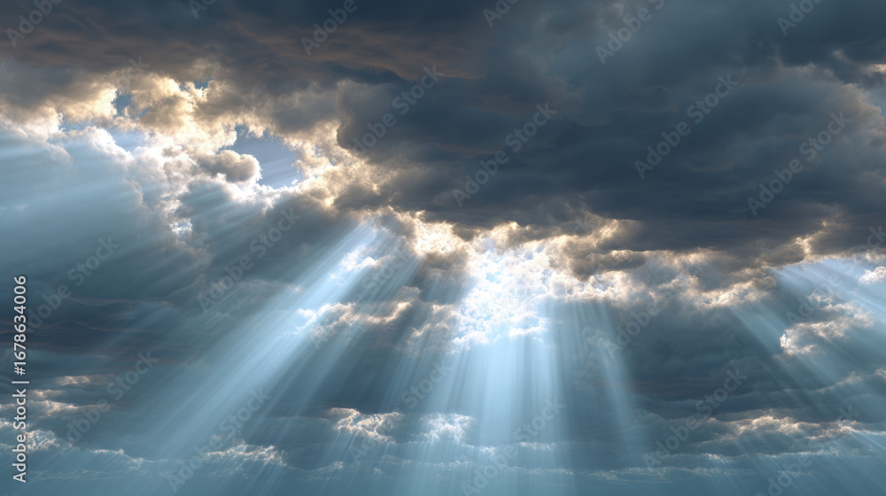Poster dramatic clouds with rays of sunlight breaking through create stunning and serene atmosphere. interp