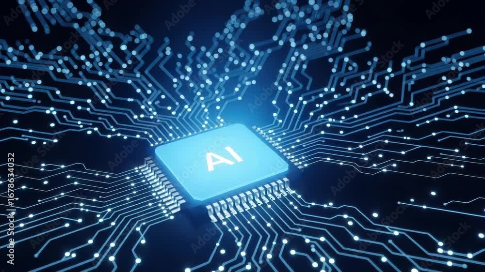 Poster a glowing blue ai chip sits at the center of a complex digital circuit board, with intricate pathway