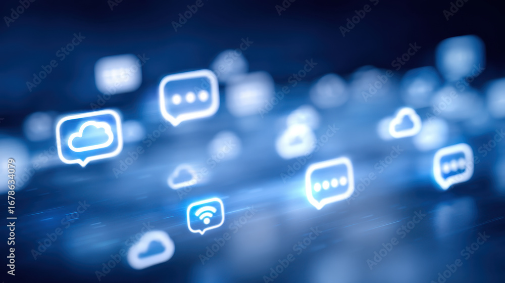Poster digital communication icons create vibrant atmosphere, showcasing various symbols like chat bubbles 