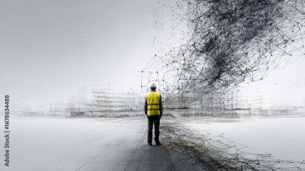 Poster construction worker in safety vest stands in modern, abstract environment filled with geometric line