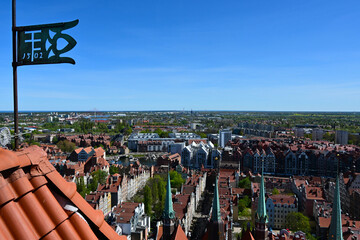 City of Gdansk, Poland. Aerial view over the Old Town and lovely colorful houses in Gdansk. View from Saint Mary's Church Tower (formally the Basilica of the Assumption of the Blessed Virgin Mary).