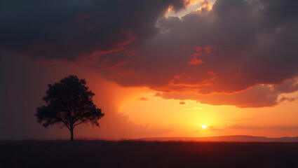 Obraz premium Serene Sunset with Lone Tree and Vibrant Sky