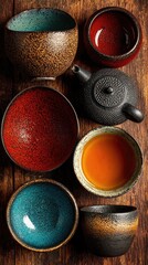 Colorful ceramic teacups and teapot on wood