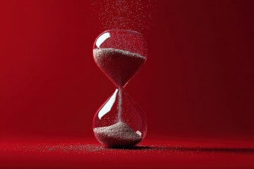 Hourglass, red background, flowing sand