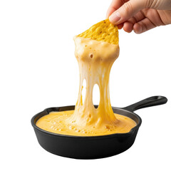 Warm, gooey, golden-yellow melted queso dip in a rustic cast-iron skillet with a crispy corn tortilla chip creating a dynamic cheese pull, isolated on a transparent background. Appetizing food concept
