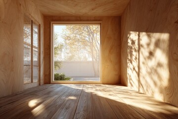 Minimalist wooden room with large window
