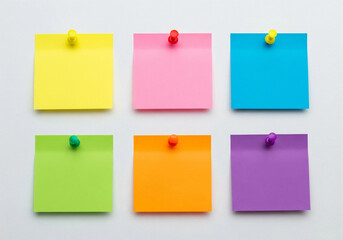 Six colorful blank sticky notes neatly arranged on a white background