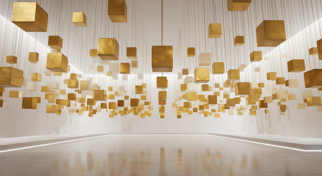 Interior design featuring suspended gold cubes in a modern white room