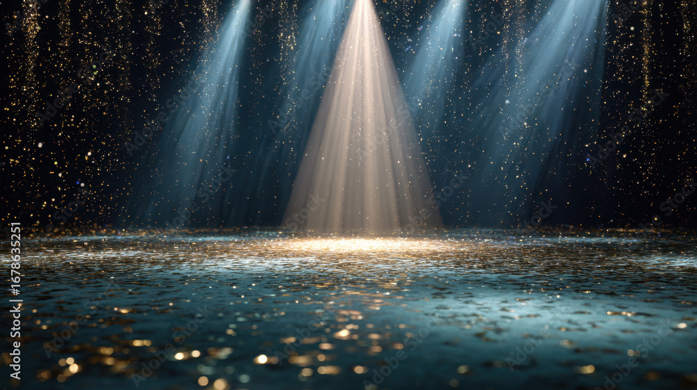 Poster mesmerizing scene featuring beams of light illuminating sparkling surface, creating magical atmosphe