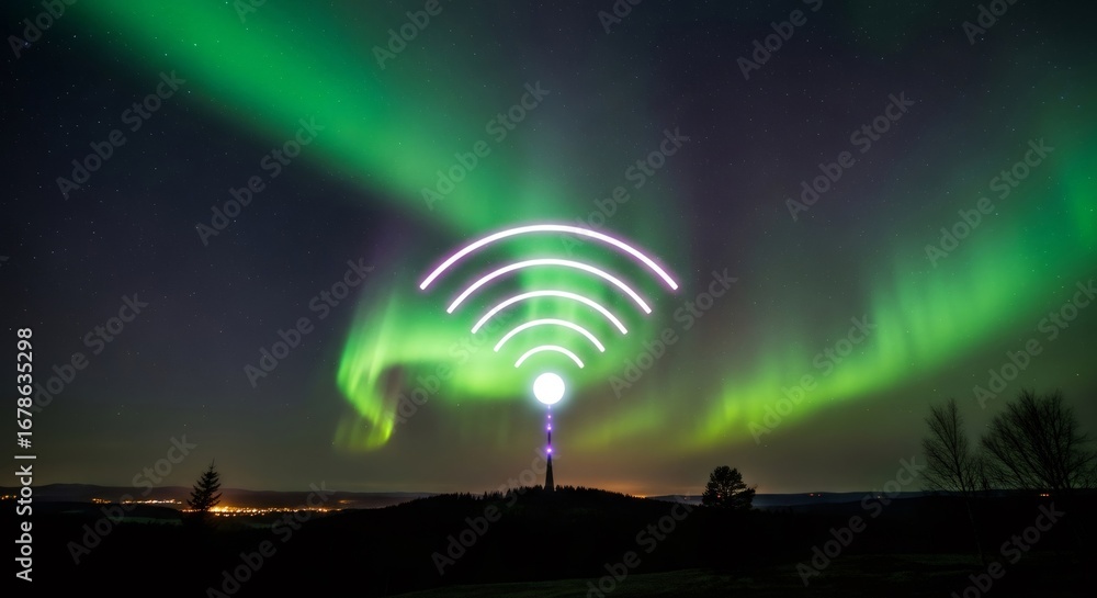Poster Tower with glowing wifi signal over aurora borealis sky. Wireless communication network concept. Digital connection data.