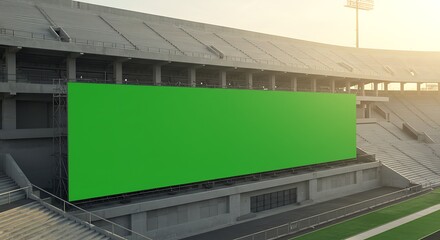 Expansive green screen mockup on a jumbotron in a vast, empty sports stadium during a golden sunset, ready for advertising