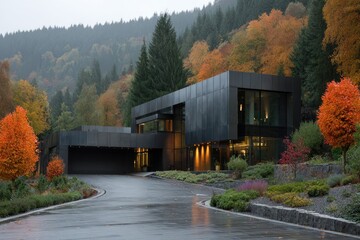Modern home nestled in autumn forest