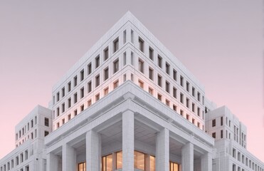 Modern, minimalist corner building with pale pink sky