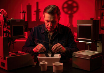 Man working with film in dim red room