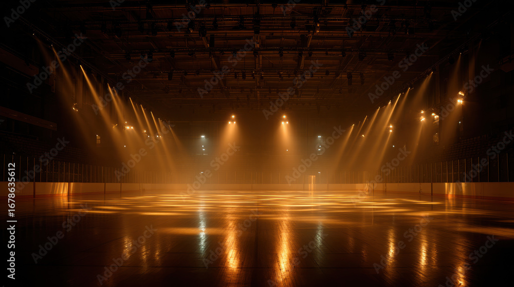 Poster dramatic ice rink illuminated by warm lights creates captivating atmosphere. reflections on ice surf