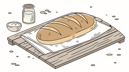 Fresh baked bread loaf on wooden cutting board with milk and cream for breakfast illustration