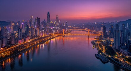 Obraz premium City skyline at dawn, reflecting lights on river