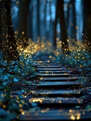 Mystical forest path, glowing lights