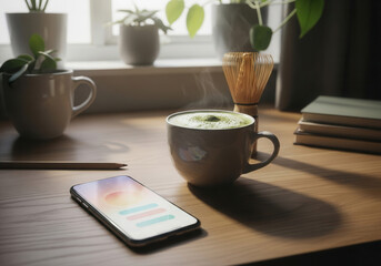Cozy workspace with matcha and phone