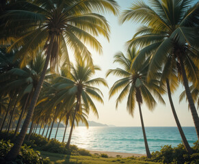 Obraz premium Golden sunlight filtering through palm trees on a tranquil tropical beach paradise at sunset