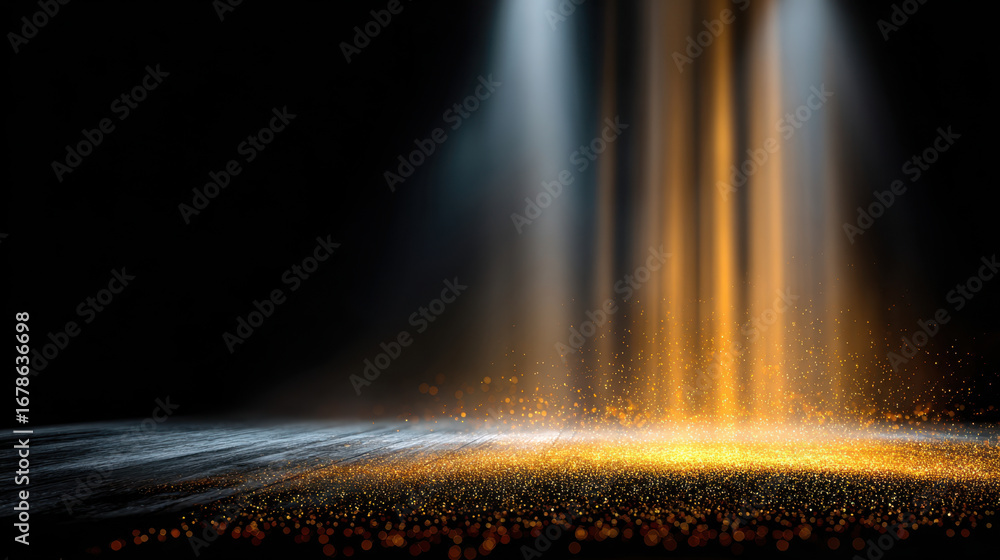 Poster dramatic scene featuring beams of light illuminating dark space, creating mesmerizing effect with go