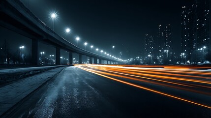 Obraz premium Urban night scene with elevated highway overpass, streaks of red and white car lights, fast-paced city traffic, blank upper left space for advertising or slogans.