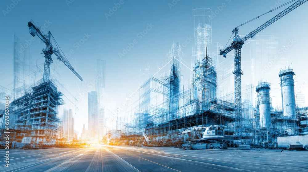 Poster construction site with cranes and scaffolding, showcasing modern architecture and urban development.
