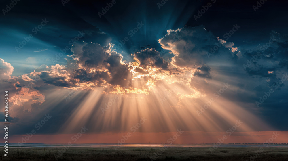 Aufkleber majestic clouds illuminated by sunlight create stunning display in sky, casting rays of light over s