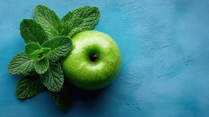 Green apple with fresh mint leaves on a textured blue surface