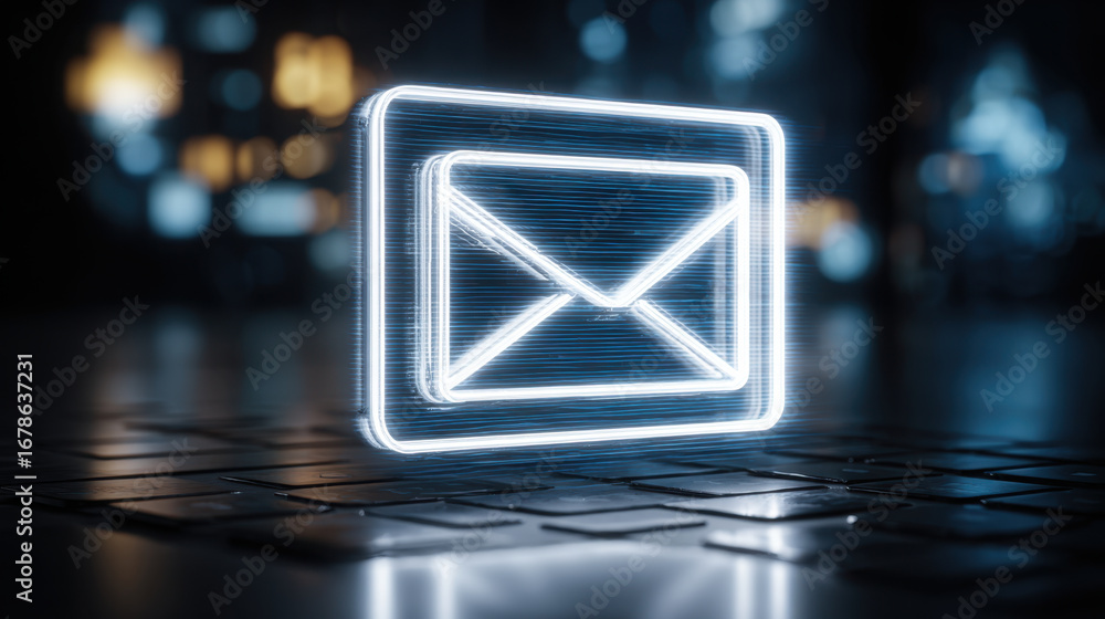Poster glowing email icon is displayed above keyboard, symbolizing digital communication and technology. fu